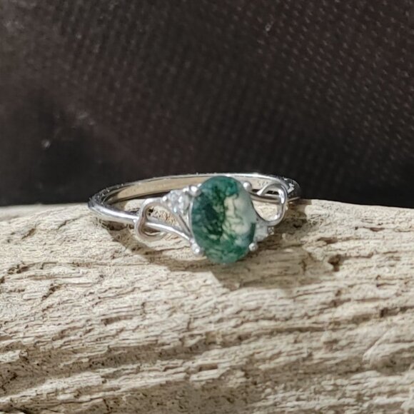 Moss Agate Ring Quartz Sterling Silver 925 Size 8 Oval Green Nature Earth Stamp - Picture 6 of 16